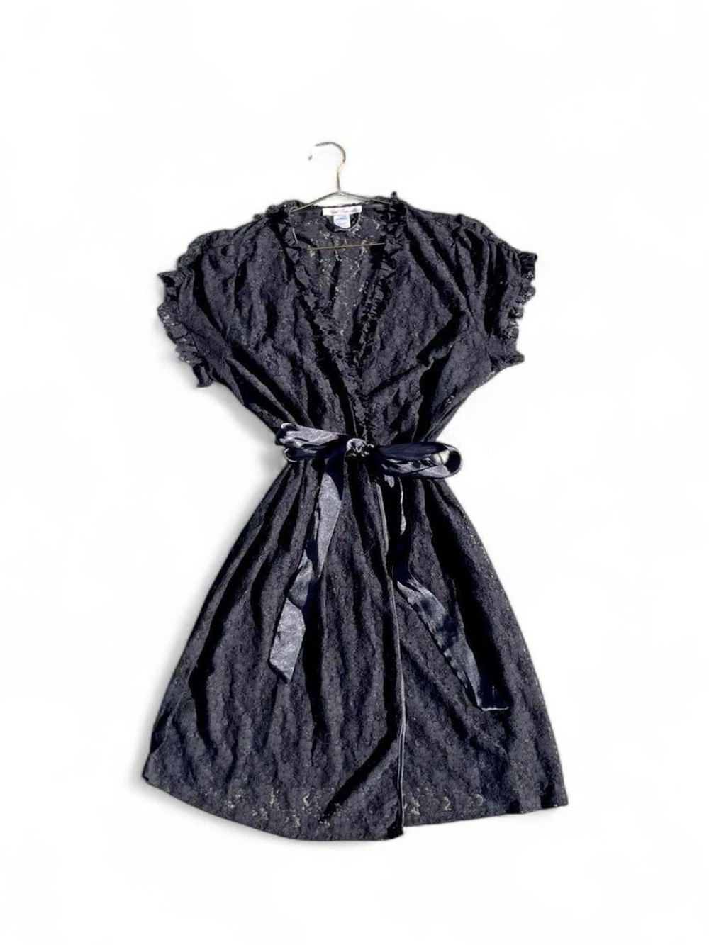 Vintage Black Lace Tie Front Babydoll Mini Dress Goth Coquette XL